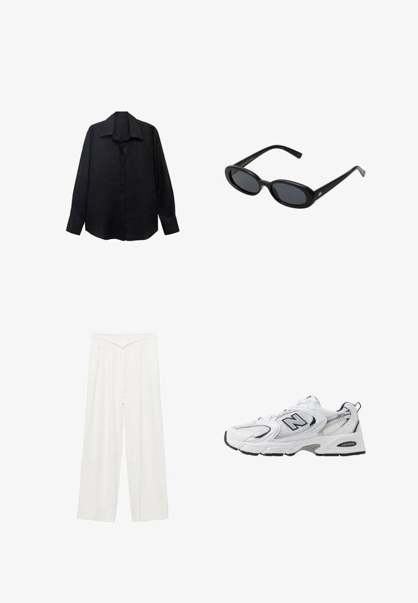 Black long-sleeve shirt made of textured fabric with a pointed collar, button front, and loose fit. Cuffs are tailored with a single button.; White wide-leg trousers with a high waist, featuring a belt tie, soft texture, and front pleats for added structure. Minimal design.; White athletic shoe with mesh upper, navy accents, and cushioned sole. Features "N" logo, laces, and textured detail on side.; Black oversized sunglasses with oval lenses, smooth plastic frame, and gold accents on temple. Dark lenses provide sun protection.