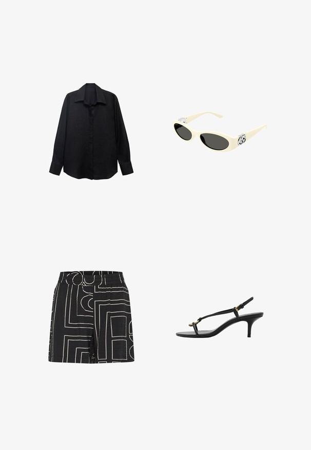 Schwarzes Langarmhemd aus strukturiertem Stoff mit spitzem Kragen, Knopfleiste und lockerer Passform. Die Manschetten sind mit einem einzelnen Knopf tailliert.; Schwarze Shorts mit einer gekräuselten Textur, die ein geometrisches Muster in Cremefarbe aufweisen. Elastischer Bund für Komfort und eine entspannte Passform.; Schwarze Leder-Kitten-Heel-Sandale mit dünnen Riemen, goldener Schnalle und minimalistischer Zehen-Schlaufe vor einem weißen Hintergrund.; Cremefarbene Sonnenbrille mit ovalen Gläsern, schwarzem Tönung und metallischen Logoakzenten an den Schläfen. Glatte Textur, Cat-Eye-Design.