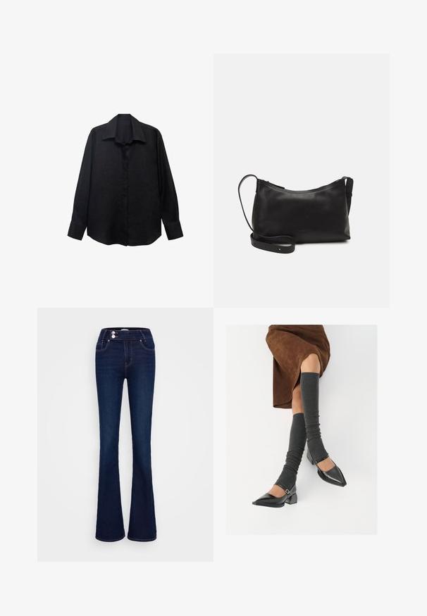 Cămașă neagră cu mânecă lungă, realizată dintr-un material texturat, cu guler ascuțit, închidere cu nasturi și o croială lejeră. Mâneci reglate cu un singur nasture.; Jeanși evazați de culoare albastru închis, cu talie înaltă, două buzunare frontale și două închideri cu nasturi. Fabricati din denim cu o textura netedă.; Pantofi negri din piele lacuită, cu vârful ascuțit, toc bloc și curea la glezna, asortați cu jambiere gri cu nervuri și o fustă din suede maro.; Geantă de umăr din piele neagră, cu o textură netedă, formă curbată, curea ajustabilă și închidere cu fermoar. Design minimalist, fără embellishments.