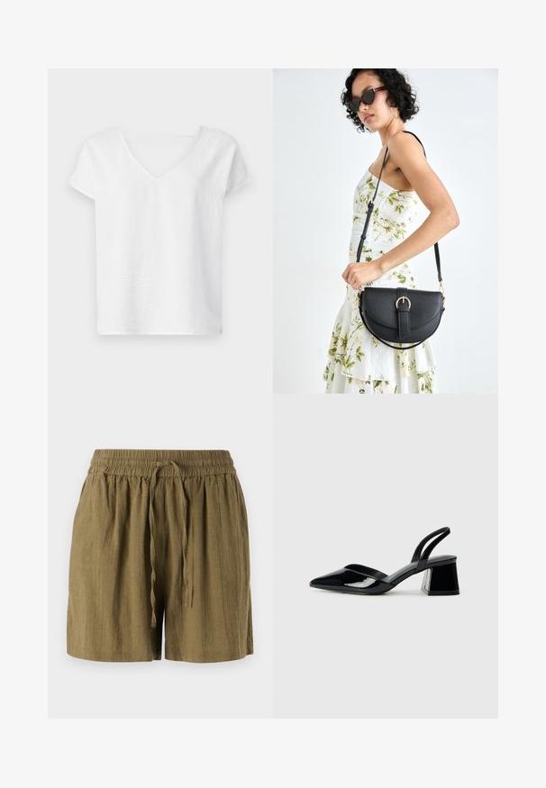 Chemise en lin blanc à coupe décontractée, manches courtes et décolleté en V. Pose légèrement texturée et fentes sur les côtés pour faciliter les mouvements.; Shorts pull-on verts olive en tissu léger, dotés d'une taille élastique et d'un cordon de serrage, avec une coupe décontractée et ample.; Escarpins en cuir verni noir avec bout pointu et talon bloc géométrique. Présente un design élégant et minimaliste ainsi qu'une texture lisse.; Sac à main en cuir noir avec une forme courbée, bandoulière amovible et des accessoires en or. Le sac est doté d'un rabat avec un détail de boucle.