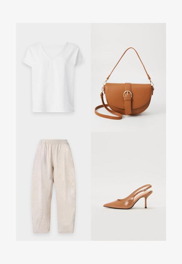 Bijela lanena košulja opuštenog kroja, kratkih rukava i dizajna s V-izrezom. Ima blago teksturiranu površinu i bočne proreze za lakše kretanje.; Svijetlosmeđi, široki hlače s elastičnim pojasom i suptilnom teksturom. Ravne nogavice se blago sužavaju kod gležnjeva.; Sandal s petom u obliku šiljastog prsta od glatkog, sjajnog smeškastog materijala. Ima zakrivljeni izrez i vitku štiklu. Detalj s srebrnom kopčom.; Smeđa kožna torba preko tijela s zakrivljenim oblikom, zlatnim metalnim detaljima i naglaskom na kopču. Ima odvojivu naramenicu.