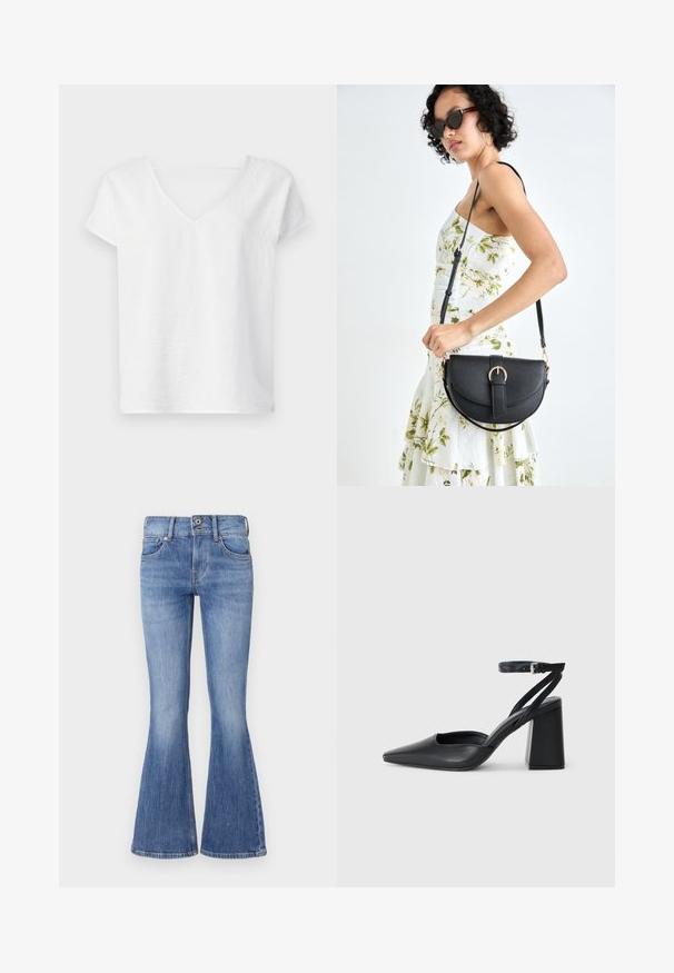 Cămașă din in albă, cu un croi lejer, mâneci scurte și un decolteu în V. Prezintă o textură ușor structurată și slituri laterale pentru confortul în mișcare.; Jeans din denim albastru cu fason evazat, talie medie, cinci buzunare și o spălare deschisă. Prezintă estompare subtilă și cusături în contrast.; Pantofii cu toc ascuțit din piele neagră, cu breteaua pentru glezne și toc gros. Textură netedă, design elegant și estetică minimală.; Geantă din piele neagră, cu o formă curbată, curea detașabilă și accesorii aurii. Geanta are un capac cu un detaliu tip cataramă.