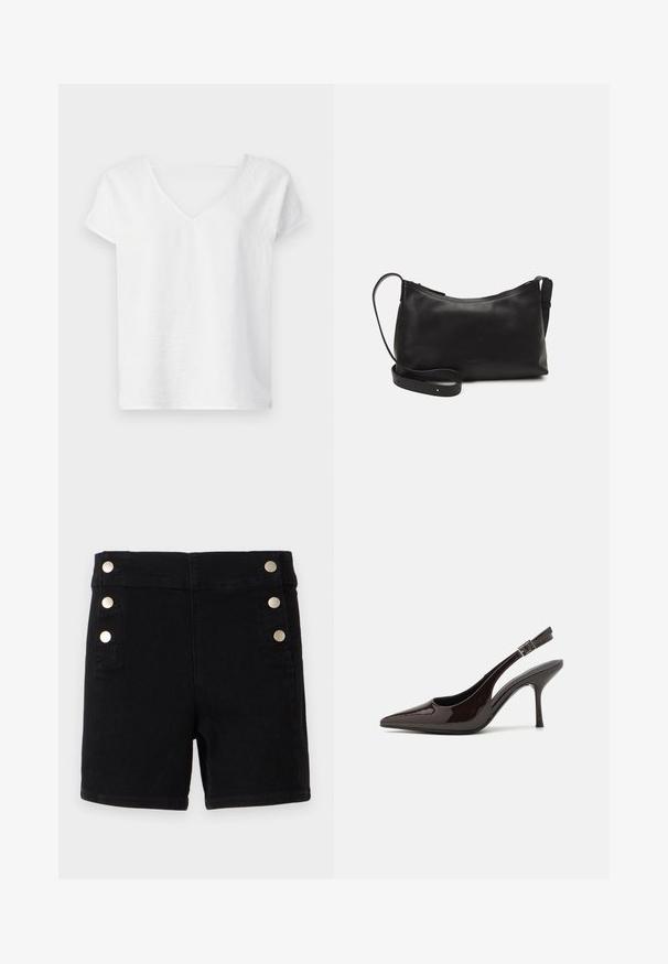 Λευκό πουκάμισο από λινό με άνετη εφαρμογή, κοντά μανίκια και σχέδιο V-ντεκολτέ. Διαθέτει ελαφρώς υφασμένη επιφάνεια και πλαϊνές σχισμές για ευκολία στην κίνηση.; Μαύρες τζιν σορτς με ψηλή μέση, με χρυσές κουμπότρυπες στο πλάι, πέντε τσέπες και ίσια κοπή στο στρίφωμα.; Μπλούζα ψηλή γόβα σε γυαλιστερή σκούρα καφέ πατεντέ δερμάτινη, με μυτερή μύτη, ανοιχτές πλευρές και ρυθμιζόμενο λουράκι στον αστράγαλο.; Μαύρη δερμάτινη τσάντα ώμου με λεία υφή, καμπύλο σχήμα, ρυθμιζόμενο λουρί και κλείσιμο με φερμουάρ. Μινιμαλιστικός σχεδιασμός χωρίς διακοσμητικά στοιχεία.