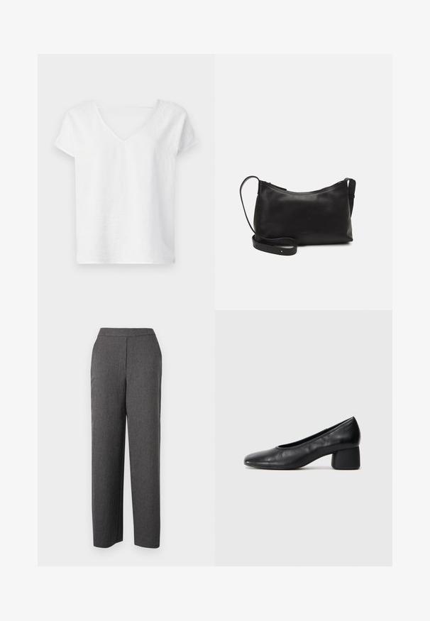 Weißes Leinenhemd mit lockerer Passform, kurzen Ärmeln und V-Ausschnitt. Hat eine leicht strukturierte Oberfläche und seitliche Schlitze für Bewegungsfreiheit.; Graue Hose aus strukturiertem Stoff mit geradem Bein, ausgestattet mit einem glatten Bund und ohne sichtbare Taschen.; Schwarze Lederpumps mit runder Zehenpartie und mittelhohem Blockabsatz. Glatte Textur mit minimalen Details, ausgestattet mit einem dezenten elastischen Einstieg.; Schwarze Ledertasche für die Schulter mit glatter Textur, geschwungener Form, verstellbarem Tragegurt und Reißverschluss. Minimalistisches Design ohne Verzierungen.