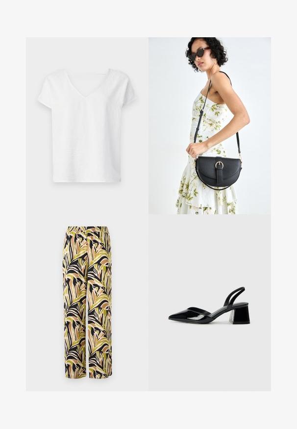 Cămașă din in albă, cu un croi lejer, mâneci scurte și un decolteu în V. Prezintă o textură ușor structurată și slituri laterale pentru confortul în mișcare.; Pantaloni cu picioare largi, având un model de frunze tropicale în verde, negru și maro, realizați dintr-un material ușor, cu elastic în talie.; Pantofi cu toc slingback din piele lacuită neagră, cu vârf ascuțit și toc geometric. Prezintă un design elegant, minimalist și o textură netedă.; Geantă din piele neagră, cu o formă curbată, curea detașabilă și accesorii aurii. Geanta are un capac cu un detaliu tip cataramă.