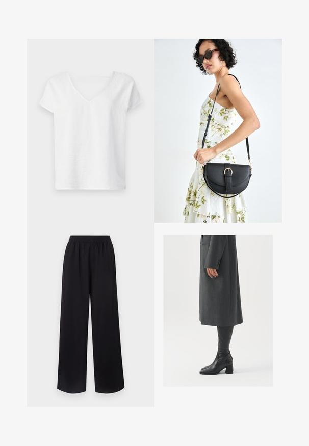 Valge linane särk, millel on lõdva istumisega lõige, lühikesed varrukad ja V-kaelus. Omab kergelt tekstureeritud pinda ja külgslitsid liikumisvabaduse tagamiseks.; Mustad must laiad püksid elastse vöökohaga, valmistatud siledast ja kergest kangast. Omavad voolavat disaini, millel ei ole nähtavaid mustreid.; Hallhalline, kohandatud ülikond jakk sirge lõikega; kombineeritud kuni põlveni ulatuvate mustade nahast saapadega, millel on nelinurkne varvas ja paks konts.; Mustmust mustraha kõverate joontega, eemaldatava rihmaga ja kuldsete detailidega. Kotil on klapp, millel on pandladetail.