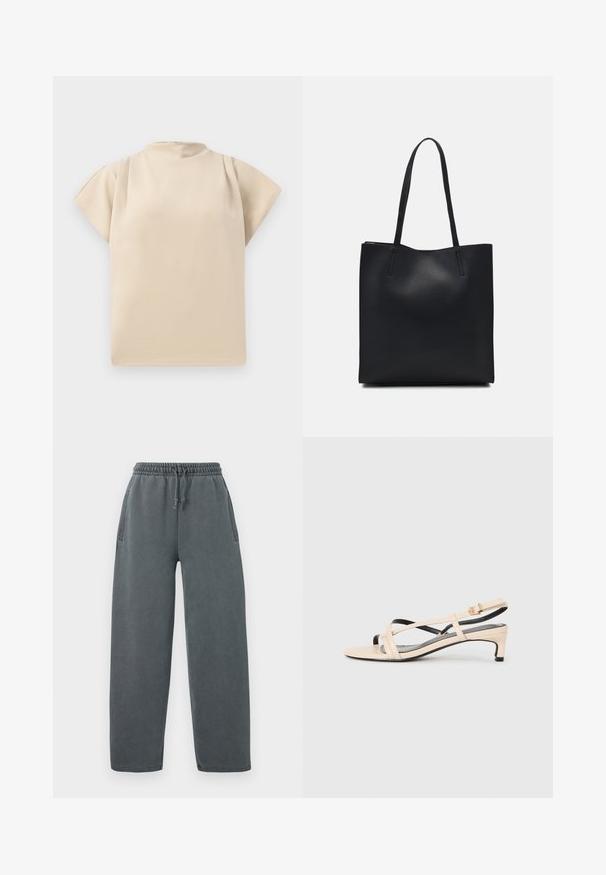 Bežinė trumpa rankovė viršutinė dalis su aukštu kaklu ir laisvu siluetu. Lygus paviršius su švelniu drapavimu ant pečių. Paprastas, minimalistiškas dizainas.; Pilkos sportinės kelnės su raišteliu ir elastinga juosmeniu, šoninėmis kišenėmis ir laisvu siluetu. Pagamintos iš minkštos, tekstūruotos medžiagos.; Bežiniai odiniai sandalai su kryžminiais dirželiais, mažu kulnu ir juodais akcentais. Lygi tekstūra ir minimalistinis dizainas.; Juodas odinis tote krepšys su lygia tekstūra, stačiakampio formos ir dviem ilgais rankenomis. Matomų metalinių detalių ar puošybos nėra.