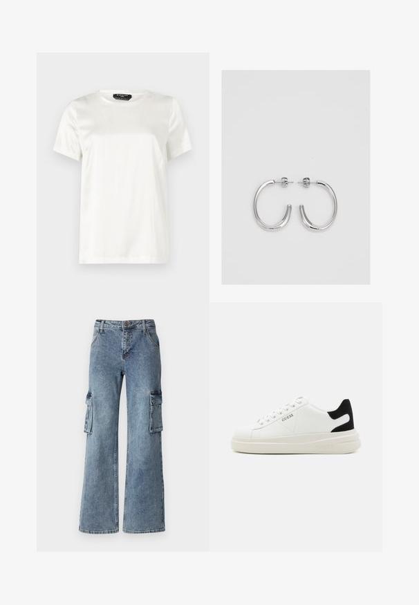 Valge lühikeste varrukatega t-särk siledast, läikivast kangast ümmarguse kaelusega. Omab õrna sära ja minimalistlikku disaini.; Laiad sinised denim cargo püksid, millel on küljetaskud, nööpkinnitus ja vööaugu konksud. Kanga kerge pesu on peene pleekimisega.; Valged nahast tennisetossud paksu valge tallaga, musta sametist kontsakeeuga ja külje peal riigilogo reljeefne kujundus. Lukkeskeem kuue silmaauguga.; Hõbedased rõngaskõrvarõngad, millel on sile ja läikiv pind. Ümar kuju, kerge disain, millel on post-tagumise kinnituse süsteem.