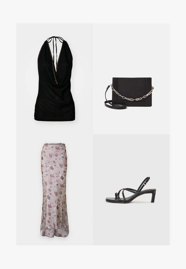 Must mustrõngaga must top, sügava V-kaelusega, millel on kullast aktsendid kaeluse ümber. Valmistatud kergest kangast, millel on riide langetav disain.; Lille lilledega maxi seelik, mis on valmistatud läbipaistvast, kerge kangast. Omab halli põhivärvi koos roosa ja lilla mustriga ning kellukesega lõikega hemline'i.; Mustast rihmajalatsid ruudukujulise varba ja madala ploki kontsaga. Omab mitmeid õhukesi rihmasid ja reguleeritavat pahkluu rihma. Valmistatud siledast nahast.; Mustast nahast õlakott, mis omab siledat tekstuuri, ristküliku kuju ning esiküljel metallketi detaili. Reguleeritav rihm on kaasas.