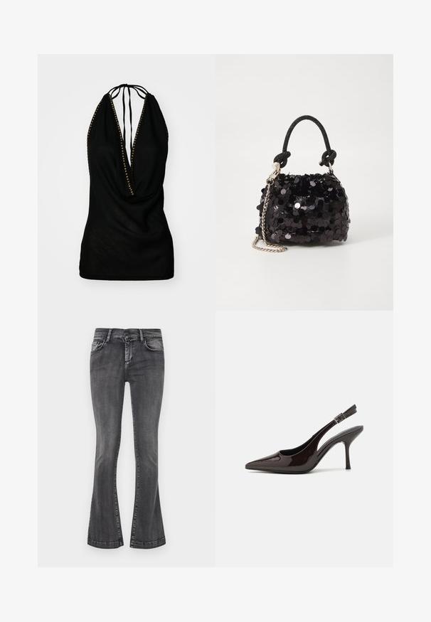 Top negro de halter con un escote en V profundo, con acentos dorados a lo largo del escote. Fabricado con tela ligera y con un diseño drapeado.; Jeans acampanados grises en un lavado desgastado, con cinco bolsillos, trabillas para el cinturón y cierre de cremallera. El denim tiene una ligera textura con acentos de costura.; Zapato de tacón alto tipo slingback en piel sintética brillante de color marrón oscuro, con punta afilada, laterales abiertos y correa ajustable en el tobillo.; Bolso de mano mini negro con lentejuelas, con una correa de textura anudada y cadena plateada. Forma redondeada con parte superior fruncida y detalles reflectantes.