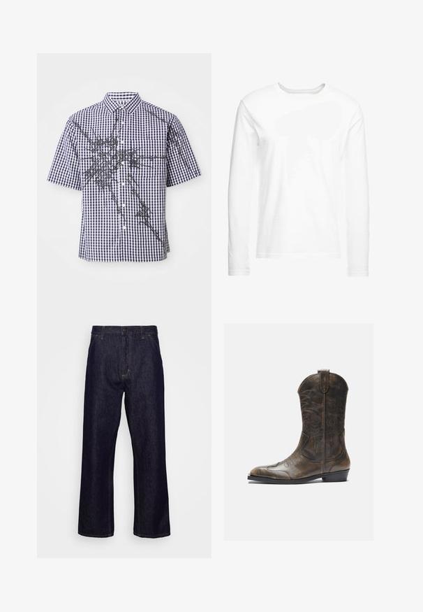 Lühikeste varrukatega nööbiga särk, millel on tumesinise ja valge ruuduline muster ning ebaregulaarne must abstraktne graafikajoon esiküljel ja varrukatel.; Pikad varrukad valge t-särk, mis on valmistatud pehmest puuvillast. Ümmargune kaelus, sirge lõikega ääred ning ilma nähtavate mustrite või graafikateta.; Tumedat sinised sirgedee ääristatud teksapüksid, millel on esikotid, vöökoharihmade aasad, lukuga ja nööbiga sulgumine, esitatud lihtsal valgel taustal.; Pruun nahast cowboy saapad, millel on pikk vars, terav varvas, keerukad õmblusmustrid ja väike konts. Ühtlane tekstuur kogu ulatuses.