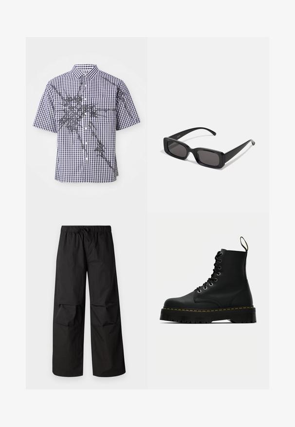 Camicetta a maniche corte con pattern a quadretti blu navy e bianchi e linee astratte nere irregolari sulla parte frontale e sulle maniche.; Pantaloni neri a gamba larga realizzati in tessuto leggero, con vita elastica e cordoncino, e dettagli sulla parte del ginocchio.; Stivali alla caviglia neri in pelle con lacci, dotati di una suola in gomma testurizzata e spessa, e dettaglio in cucitura gialla attorno alla piattaforma.; Occhiali da sole neri rettangolari con lenti scure, finitura lucida, aste larghe e design della montatura spessa. Nome del marchio inciso su un'asta.