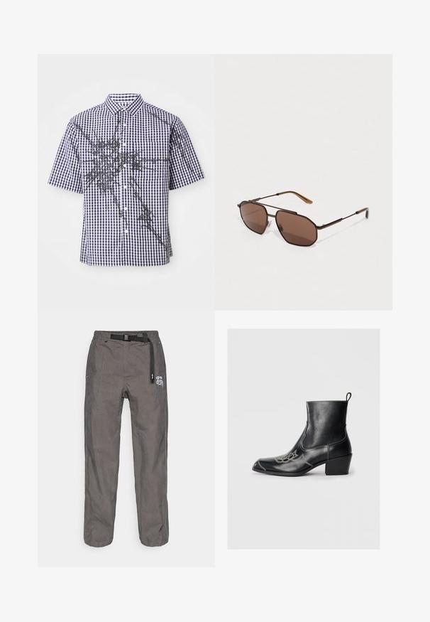 Trumpas rankovinis marškinėliai su tamsiai mėlynu ir baltu gingham raštu bei netaisyklingomis juodomis abstrakčiomis linijomis ant priekio ir rankovių.; Pilkos atsitiktinės kelnės su integruota juoda reguliuojama diržu ir baltu logotipo grafiku dešinėje šlaunies pusėje.; Juodos odinės ankle batai su kvadratiniu pirštu, dekoratyviomis siūlėmis ir žemu blokiniu kulnu. Turės trauktuką, kad būtų lengva apsiauti.; Rudos aštuonkampiai saulės akiniai su plonu juodu metaliniu rėmu, akcentuotais rudomis šventyklomis. Tamsiai tonuoti objektyvai suteikia UV apsaugą.