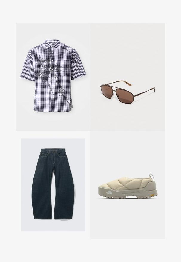 Short-sleeve button-up shirt with navy and white gingham pattern and irregular black abstract graphic lines across front and sleeves.; Dark blue wide-leg jeans made from denim, featuring five pockets, visible stitching, a button closure, and a clean finish.; Quilted beige slip-on shoe with gray Vibram sole, rounded shape, and rear loop. Features logo on side and textured upper surface.; Brown octagonal sunglasses with a thin black metal frame, accented by brown temples. Dark tinted lenses provide UV protection.