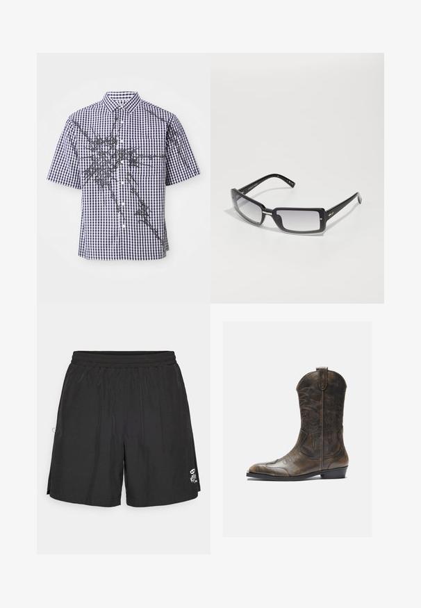 Īsām piedurkņu pogājama krekla ar jūras zilo un baltu gingham rakstu un neregulārām melnām abstraktām grafiskām līnijām uz priekšpuses un piedurknēm.; Melni elastīgi šorti ar mazu baltu grafiku apakšējā priekšā, paredzēti ikdienas vai sporta apģērbam.; Brūnas ādas kovboju zābaki ar garu kāju, norādītu purngalu, sarežģītām šuvju rakstībām un mazu papēdi. Virsma ar faktūru visā zābakā.; Melnas taisnstūra formas saulesbrilles ar gradienta lēcām, ar masīvu rāmīti un metāla akcentiem uz stariem. Gluda virsma visā.