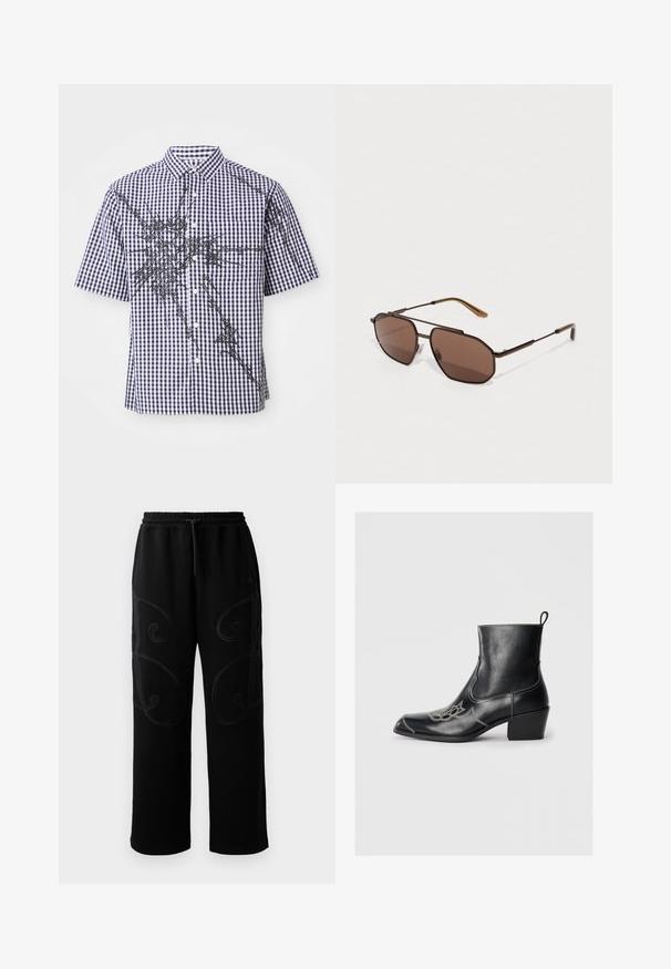 Kratek rokav, button-up srajca z mornarsko modrim in belim šahovskim vzorcem ter nepravilnimi črnimi abstraktnimi grafičnimi črtami po sprednjem delu in rokavih.; Črne trenirke sproščenega kroja, okrašene z zapletenimi zavitimi šivi ob straneh ter elastičnim pasom z vrvico.; Črne usnjene gležnjarje s kvadratnim nosom, dekorativnim šivanjem in nizko blokasto peto. Imajo zanko za enostavno obuvanje.; Rjave osemkotne sončne očala z tankim črnim kovinskim okvirjem, okrašenim z rjavimi ušesi. Temno obarvani leči nudijo UV zaščito.; Brašna iz rjave krokodilne usnjene embalaže s zgornjimi ročaji in odstranljivim ramenskim trakom. Ima zapiranje z zaponko in pravokotno obliko.