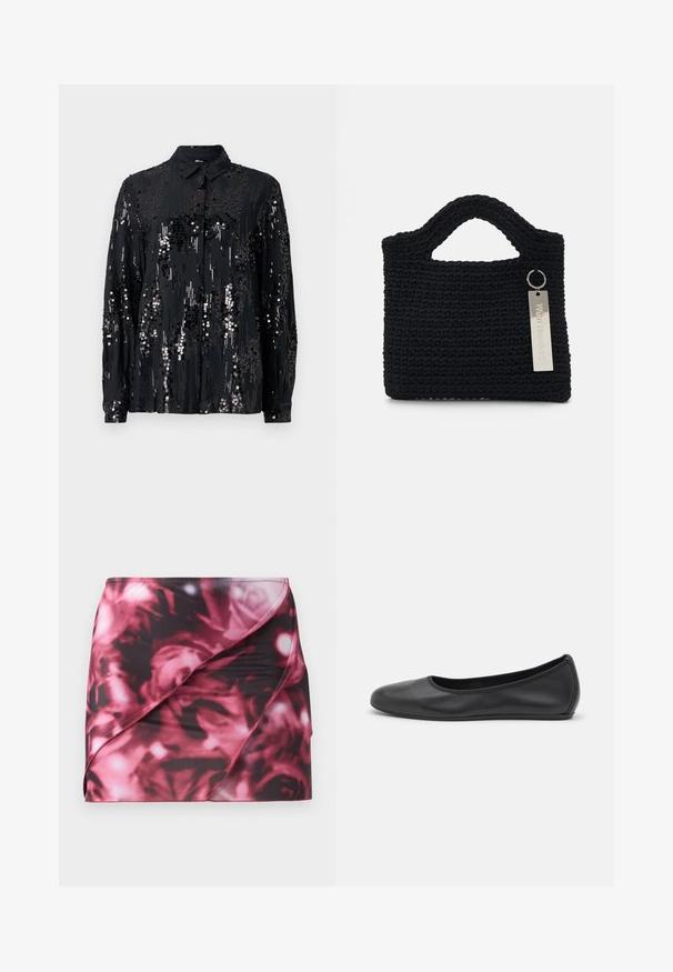 Mustapaita, jossa on napitettu etuosa, valmistettu kankaasta, joka on päällystetty paljeteilla. Paidassa on kaulus ja pitkät hihat sekä kimalteleva, tekstuuriopaatteinen kuosi.; Lyhyt, tiukka helma mustassa ja vaaleanpunaisessa kukkakuosissa. Valmistettu sileästä, joustavasta materiaalista, jossa on viisto kääntödesign ja ommeltu helma.; Musta nahkainen ballerina, jossa on pyöristetty kärki, sileä pinta, minimaalinen ommelkoristelu ja joustava pohjamuotoilu.; Won Hundred MARSIELLE COMPUTER BAG UNISEX - Tietokonelaukku - black