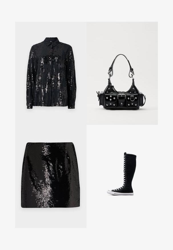 Schwarze Knopfleiste-Bluse aus mit Pailletten verziertem Stoff, mit Kragen und langen Ärmeln, die ein schimmerndes, strukturiertes Muster aufweist.; Schwarzer Pailletten-Minirock mit tailliertem Design, hoher Taille und glänzender Textur, der reflektierende Oberflächendetails und eine schicke Silhouette aufweist.; Schwarze High-Top-Sneaker mit hohem Design, aus Canvas. Sie verfügen über weiße Schnürsenkel, Nähte und eine Gummisohle mit einer Zehenkappe.; Schwarze Lederhandtasche mit einem geschwungenen Design, verziert mit silbernen Nieten, einer Schnalle und zwei seitlichen Taschen. Verstellbarer Träger für verschiedene Tragemöglichkeiten.
