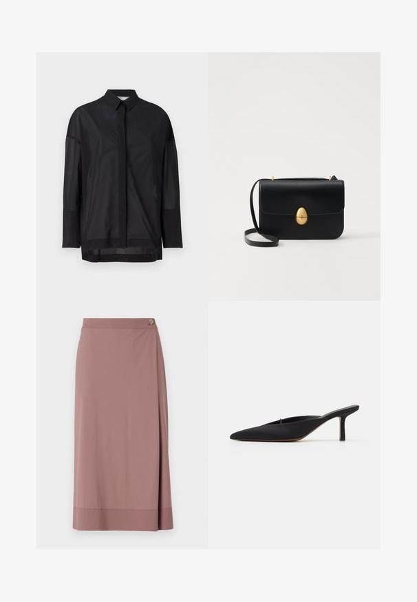 Chemise noire à manches longues avec col à bouton, en tissu transparent, coupe droite, texture subtile et design de patte de boutonnage à l'avant.; Jupe rose clair longueur genoux en tissu lisse avec un détail de bouton sur le côté. Présente un design enroulé et un ourlet droit avec une finition subtile.; Mule noir à bout pointu avec un design élégant, fabriqué en tissu lisse, présentant un talon fin et un dos ouvert pour faciliter l'enfilage.; Sac à main en cuir noir avec une forme rectangulaire structurée. Équipé d'un fermoir ovale doré et d'une fine bandoulière. Texture lisse.