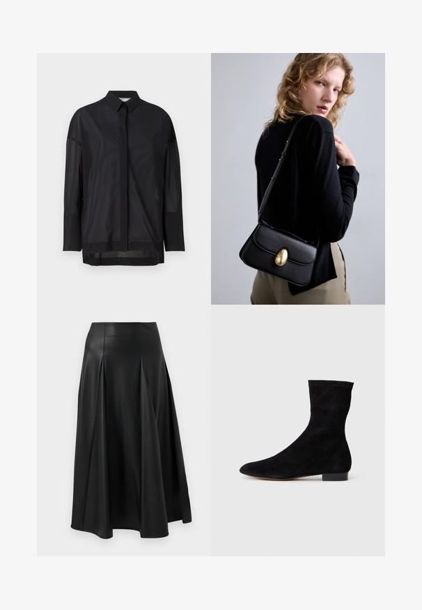 Čierna košeľa s dlhým rukávom, ktorá má golier na zapínanie, priesvitnú látku, rovný strih a jemnú textúru s dizajnom predného zapínania.; Čierna kožená sukňa s plisovaním, hladkou textúrou, strednou dĺžkou a vypasovaným pásom. Minimalistický štýl bez viditeľného hardvéru.; Čierne semišové členkové topánky s priliehavým zvrškom, špicatou špičkou a nízkym blokovým opätkom. Hladká textúra a minimalistický dizajn, vhodné na všestranné kombinovanie.; Čierna kožená kabelka s oblým tvarom, zdobená výrazným zlatým oválnym uzáverom, nastaviteľným popruhom a minimalistickým dizajnom.