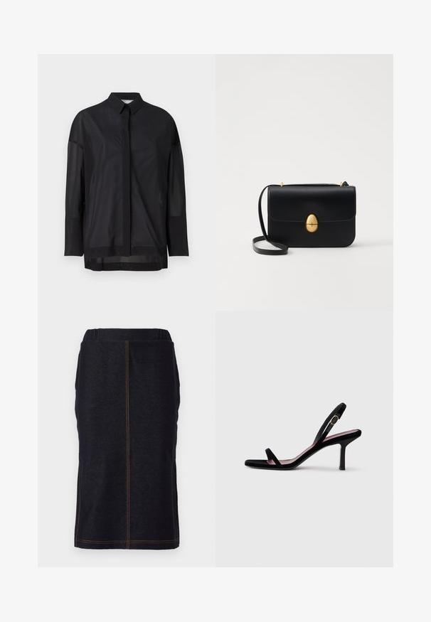 Melnas garām piedurknēm krekls ar pogojamu apkakli, caurspīdīgu audumu, taisnu piegriezumu un smalku tekstūru ar priekšējo apmali.; Tumši zila džinsu svārku lietus izvērsuma taisnā griezumā ar sānu šķēlumiem, ar kontrastējošu oranžu dūrienu gar šuvēm. Elastīgs jostasvīrs ērtībai.; Melna zamšaina sieviešu augstpapēžu sandaļi ar šaurām siksnām un zeltītu sprādzi uz baltā fona, sānu skats.; Melnas ādas rokassomu ar strukturētu taisnstūra formu. Iespējas zelta ovāla slēdzis un plāns plecu siksna. Gluda tekstūra.