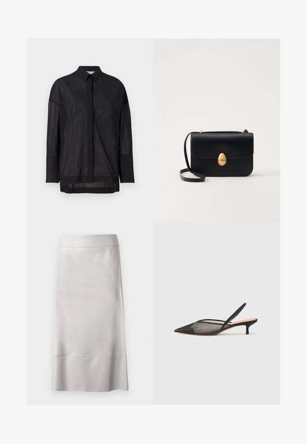 Black long-sleeve shirt featuring a button-up collar, sheer fabric, straight cut, and subtle texture with a front placket design.; Light gray pencil skirt made of smooth fabric, featuring a slim fit, clean lines, and a knee-length hem with a subtle seam detail.; NEOUS IRENA - Classic heels - black; Black leather handbag with a structured rectangular shape. Features a golden oval clasp and a thin shoulder strap. Smooth texture.