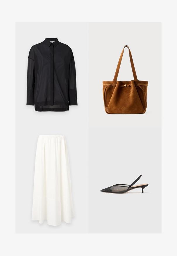 Schwarzes Langarmshirt mit Knopfkragen, transparenter Stoff, gerader Schnitt und subtiler Textur sowie einem frontalen Knopfdesign.; Weiße, knöchellange Röcke aus leichtem Stoff mit einem gerafften Gummibund und einem ausgestellten Saum, die eine glatte Textur aufweisen.; NEOUS IRENA - Pumps - black; Braune Wildleder-Umhängetasche mit zwei Griffen, einem Knopfverschlussriemen und einer entspannten, leicht schlaffen Form.