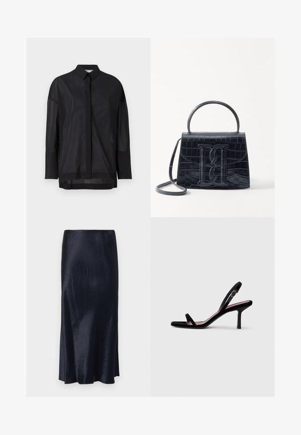 Camisa negra de manga larga con cuello de botón, tela transparente, corte recto y textura sutil, con un diseño de tapeta en la parte delantera.; Falda azul marino de longitud media con una textura suave, un ligero brillo y una abertura lateral para facilitar el movimiento. Presenta un diseño minimalista.; Sandalia de tacón alto de gamuza negra para mujer, con tiras finas y una hebilla dorada, sobre un fondo blanco, vista lateral.; Bolso de mano de cuero negro con estampado de cocodrilo, diseño estructurado, asa superior, correa ajustable y un destacado detalle del logotipo en la parte frontal.