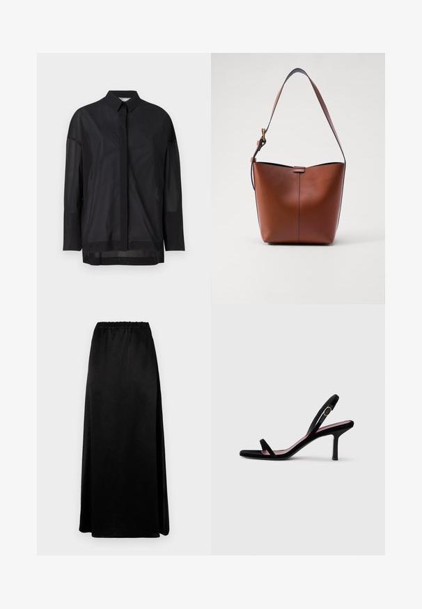 Black long-sleeve shirt featuring a button-up collar, sheer fabric, straight cut, and subtle texture with a front placket design.; Long black skirt with a smooth, crinkled texture and an elastic waistband. Features a side slit for ease of movement and a sleek silhouette.; Black suede women's high-heeled sandal with slim straps and a gold buckle on a white background, side view.; Brown leather shoulder bag with a curved shape, smooth texture, and a single thin strap. Features a subtle seam and a small logo detail.