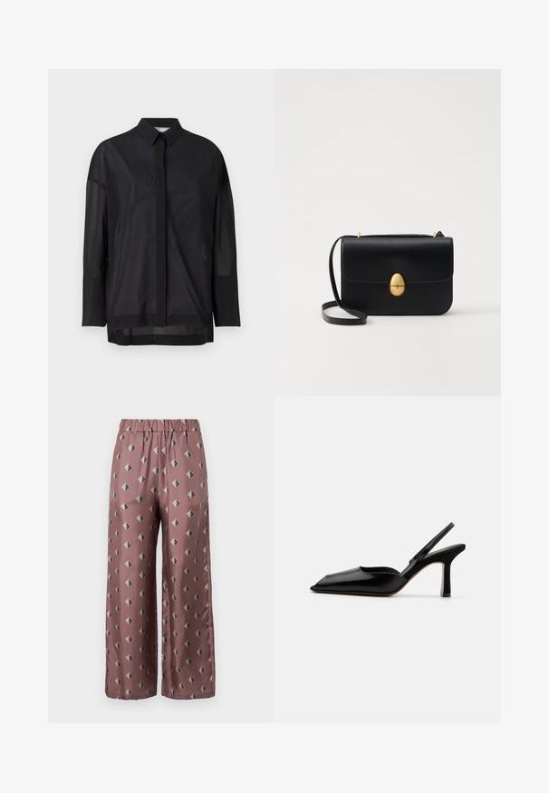 Czarna koszula z długim rękawem z kołnierzykiem zapinanym na guziki, z przezroczystej tkaniny, prostym kroju i subtelną strukturą oraz z przodem ozdobionym plisą.; MM - Spodnie materiałowe; Czarne skórzane czółenka typu slingback z wąskim noskiem, minimalistyczny design, cienki pasek wokół kostki i elegancka szpilka. Gładka tekstura.; Czarna skórzana torba na ramię o strukturalnym prostokątnym kształcie. Posiada złoty owalny zamek i cienki pasek na ramię. Gładka faktura.