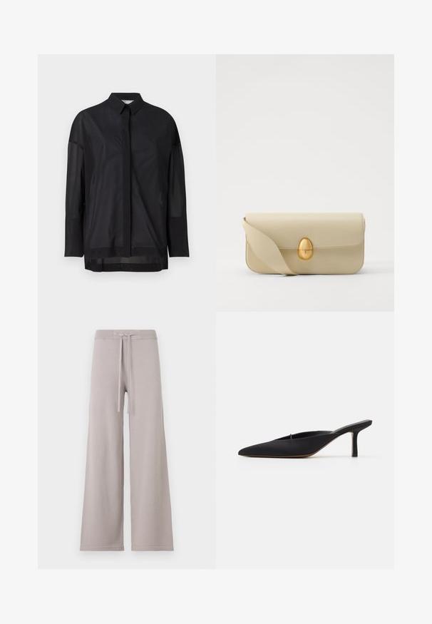 Zwarte langemouwen shirt met een knopsluiting kraag, doorschijnende stof, rechte snit en subtiele textuur met een voorpasontwerp.; Lichtgrijze, brede sweatpants van zacht materiaal. Heeft een geribde tailleband met een trekkoord en subtiele stiksels aan de zoom.; Zwarte muiltje met spitse neus en een strak ontwerp, gemaakt van gladde stof, met een slanke hak en open achterkant voor gemakkelijk aan- en uittrekken.; Beige leren handtas met een gladde textuur, rechthoekige vorm en een gouden ovale sluiting. Beschikt over een lange, verstelbare schouderband.