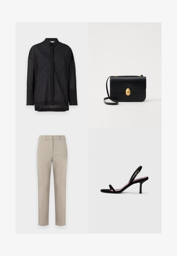 Czarna koszula z długim rękawem z kołnierzykiem zapinanym na guziki, z przezroczystej tkaniny, prostym kroju i subtelną strukturą oraz z przodem ozdobionym plisą.; MM by MaxMara - Spodnie materiałowe; Czarne zamszowe damskie sandały na wysokim obcasie z cienkimi paskami i złotą klamrą na białym tle, widok z boku.; Czarna skórzana torba na ramię o strukturalnym prostokątnym kształcie. Posiada złoty owalny zamek i cienki pasek na ramię. Gładka faktura.