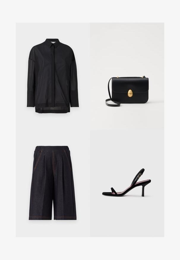 Black long-sleeve shirt featuring a button-up collar, sheer fabric, straight cut, and subtle texture with a front placket design.; Dark gray shorts made from soft fabric, featuring pleats and orange stitching accents. Elastic waistband for comfort, knee-length design.; Black suede women's high-heeled sandal with slim straps and a gold buckle on a white background, side view.; Black leather handbag with a structured rectangular shape. Features a golden oval clasp and a thin shoulder strap. Smooth texture.