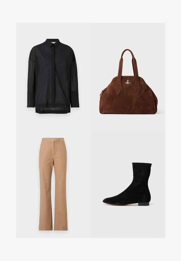 Camisa negra de manga larga con cuello de botón, tela transparente, corte recto y textura sutil, con un diseño de tapeta en la parte delantera.; Pantalones de vestir beige con una silueta acampanada, hechos de una tela suave, que presentan un cierre frontal con botón y dos bolsillos laterales.; Botín de ante negro con caña ajustada, punta afilada y tacón bajo en bloque. Textura suave y diseño minimalista, adecuado para un estilo versátil.; Bolso de ante marrón con una forma estructurada, cuerpo redondeado y asas alargadas en forma de diamante. Presenta un cierre de hardware plateado.