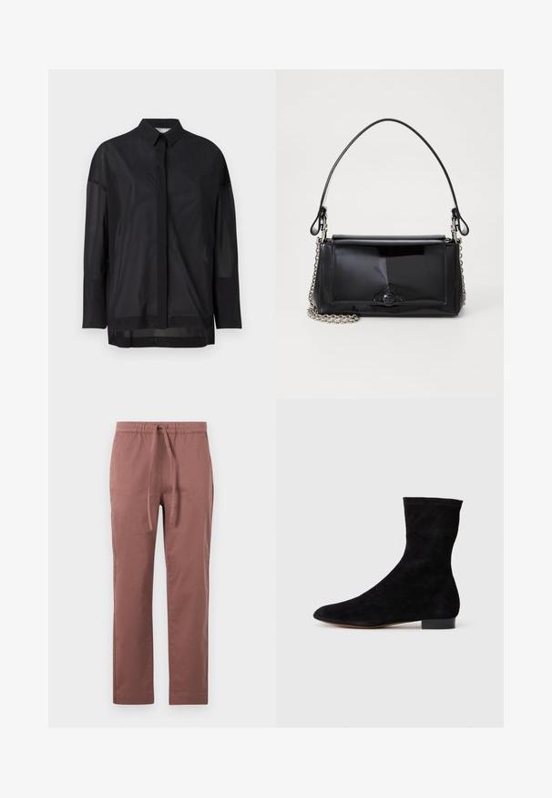 Must musternakk, millel on nööpidega krae, läbipaistev kangas, sirge lõige ja peen tekstuur koos esipaneeli disainiga.; Pruunist puuvillasegustest püksid, millel on elastne vöökoht ja nöör. Sirge jala disain, küljetaskud, sile tekstuur ja nähtavad mustrid puuduvad.; Musthave mustan nahast pahkluu saabas, millel on kitsas vars, terav nina ja madal plokk-konts. Pehme tekstuur ja minimalistlik disain, sobib mitmekesiseks stiliseerimiseks.; Mustmust mustkott mustmust mustkott, millel on ristkülikukujuline kuju, kettstrap ja silmapaistev viimistlusaktsent keskel. Sile tekstuur.