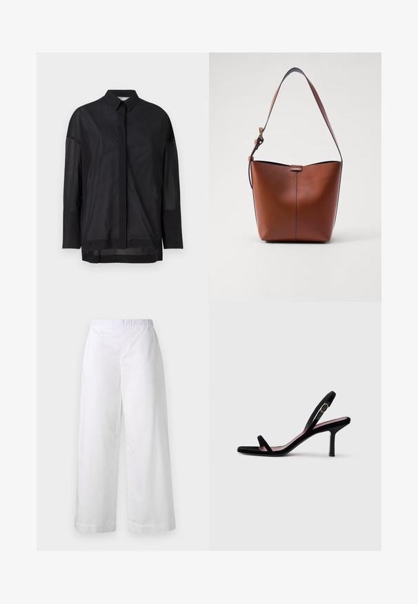 Black long-sleeve shirt featuring a button-up collar, sheer fabric, straight cut, and subtle texture with a front placket design.; White wide-leg pants made of smooth fabric, featuring an elastic waistband and a clean, minimalist design without additional embellishments.; Black suede women's high-heeled sandal with slim straps and a gold buckle on a white background, side view.; Brown leather shoulder bag with a curved shape, smooth texture, and a single thin strap. Features a subtle seam and a small logo detail.
