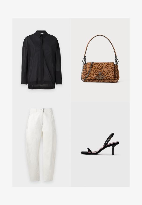 Black long-sleeve shirt featuring a button-up collar, sheer fabric, straight cut, and subtle texture with a front placket design.; White cotton trousers with a relaxed fit, featuring a button closure, side pockets, and subtle stitching details along the seams.; Black suede women's high-heeled sandal with slim straps and a gold buckle on a white background, side view.; Leopard print handbag made of suede with a short handle, a chain strap, and a black hardware clasp. Rectangular shape with a flap closure.