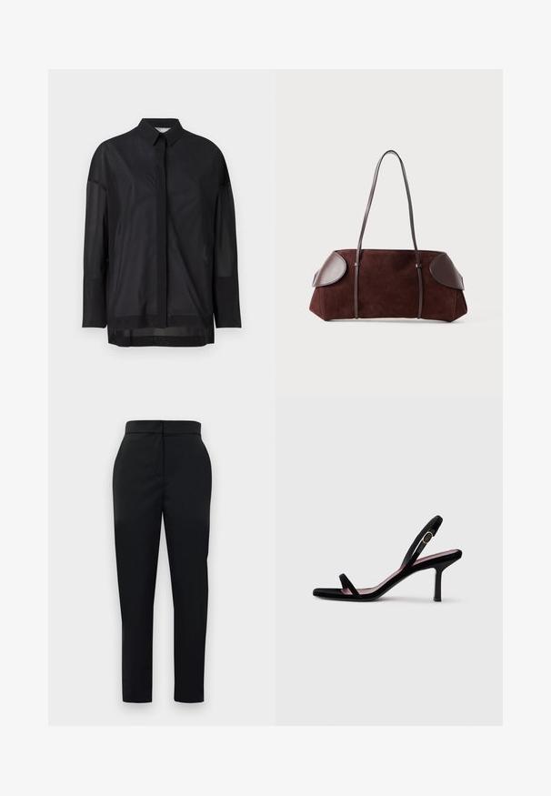 Chemise noire à manches longues avec col à bouton, en tissu transparent, coupe droite, texture subtile et design de patte de boutonnage à l'avant.; Pantalons noirs ajustés avec une texture lisse, coupe droite et fermeture éclair à l'avant. Présente un design minimaliste et des lignes épurées.; Une sandale à talons hauts pour femmes en daim noir avec des lanières fines et une boucle dorée sur fond blanc, vue de côté.; Sac en daim marron avec des accents en cuir, forme structurée, double poignées, bords arrondis, présentant une texture lisse et un matériel minimal.