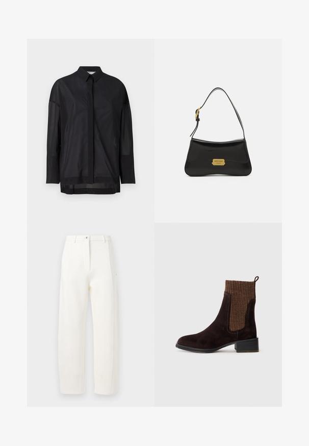 Fekete, hosszú ujjú ing, amely gombos gallérral, átlátszó anyaggal, egyenes fazonnal és finom textúrával rendelkezik, elülső placket dizájnnal.; Fehér, egyenes szabású, elöl hajtott, cipzáras és gombos záródású nadrág, oldalsó zsebekkel. Simaságával és matt felületével kiemelkedő anyag.; Barna díszített velúr bokacsizma bordó, bordázott kötött felsőrésszel, sima felülettel, alacsony blokk sarkal és hátsó füllel a könnyű felhúzás érdekében.; Fekete bőr kézi táska ívelt kialakítással, arany logó táblával és vékony vállpánttal. Simább textúra igényes felülettel.