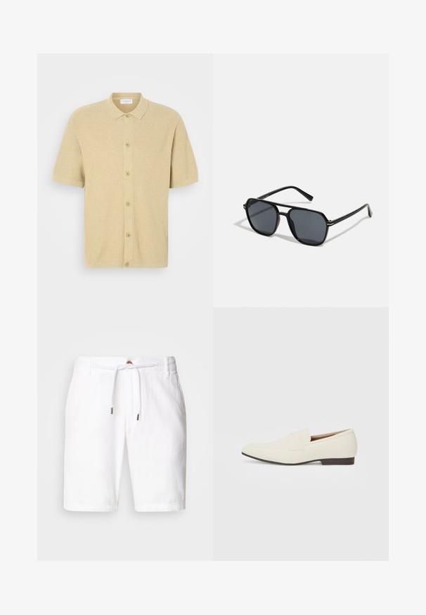 Kurzarm-Polohemd in hellem Beige, aus strukturiertem Stoff. Mit Knopfleiste und klassischem Kragen.; Weiße Leinen-Shorts mit elastischem Bund und Kordelzug, in lässiger Passform. Glatte Textur, keine sichtbaren Muster.; Hellbeige Slipper mit spitzem Zehenbereich, glattem Material, einem Riemen über dem Vorderfuß und einer niedrigen braunen Sohle. Einfaches Design mit minimalen Akzenten.; Schwarze Sonnenbrille mit achteckigem Rahmen, dunklen Gläsern, glänzender Oberfläche, dünnen Bügeln und goldenen Akzenten auf der Vorderseite.