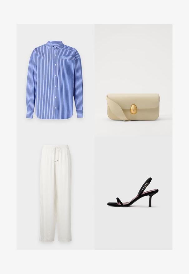 Blauw en wit gestreept overhemd met knopjes, een kraag, lange mouwen, een borstzak en een licht afgeronde zoom. Gemaakt van zachte stof.; Witte, lichte, loszittende broek met een elastische tailleband en koord. Heeft een subtiele glans en een recht pasvorm.; Zwarte suede dames hooggehakte sandaal met smalle bandjes en een gouden gesp op een witte achtergrond, zijaanzicht.; Beige leren handtas met een gladde textuur, rechthoekige vorm en een gouden ovale sluiting. Beschikt over een lange, verstelbare schouderband.