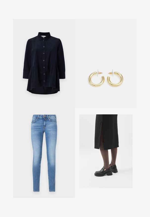 Camisa de pana azul marino con botón en la parte delantera, cuello y mangas tres cuartos. Presenta un dobladillo tipo peplum con fruncido y una textura suave.; Jeans de denim azul claro de corte slim, con cintura media, botón frontal y diseño de cinco bolsillos.; Zapatos de piel negra con punta redondeada, tacón grueso y bloque, y acentos elásticos en los laterales, combinados con unos pantys oscuros y una falda negra con una abertura.; Aretes de aro de oro con un acabado suave y brillante. Diseño circular que presenta un pequeño post y un respaldo transparente para un uso seguro.