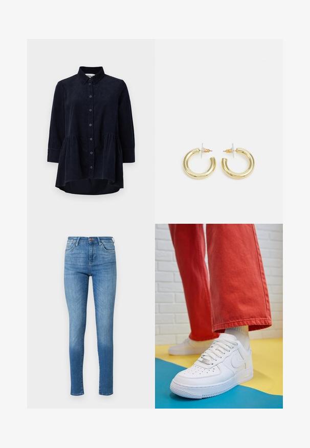 Camisa de veludo cotelê azul-marinho com frente abotoada, colarinho e mangas a três quartos. Apresenta uma bainha com estilo peplum e uma textura suave.; Jeans skinny em denim azul médio. Cintura alta, design de cinco bolsos, com leve desgaste. Costuras destacadas nas costuras e na bainha.; Sapatilha de couro branca com biqueira perfurada, sola texturizada e atacadores brancos, combinada com calças largas vermelhas e um fundo azul e amarelo.; Brincos em argola dourados com um acabamento liso e brilhante. Design circular com um pequeno pino e suporte transparente para um uso seguro.