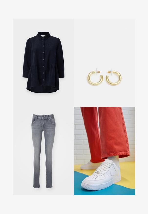 Tumed särg, millel on nööbid ees, krae ja kolmveerandikäised varrukad. Omab peplum-stiilis kokku kogutud äärt ja pehmet tekstuuri.; Hallid teksased slim fit kujus, viie taskuga disainiga ja nööbiga sulgemisega. Omavad peent tuhmumist ja klassikalist sirget lõiget.; Valge nahast tennis, millel on perforeeritud varvas, tekstureeritud tallad ja valged shoelaces, kombineeritud laia punase pükste ja sinise ning kollase taustaga.; Kuldne rõngassõrmused sileda ja läikiva viimistlusega. Ringikujuline disain, millel on väike post ja selge tagumine külg, et tagada kindel kandmine.