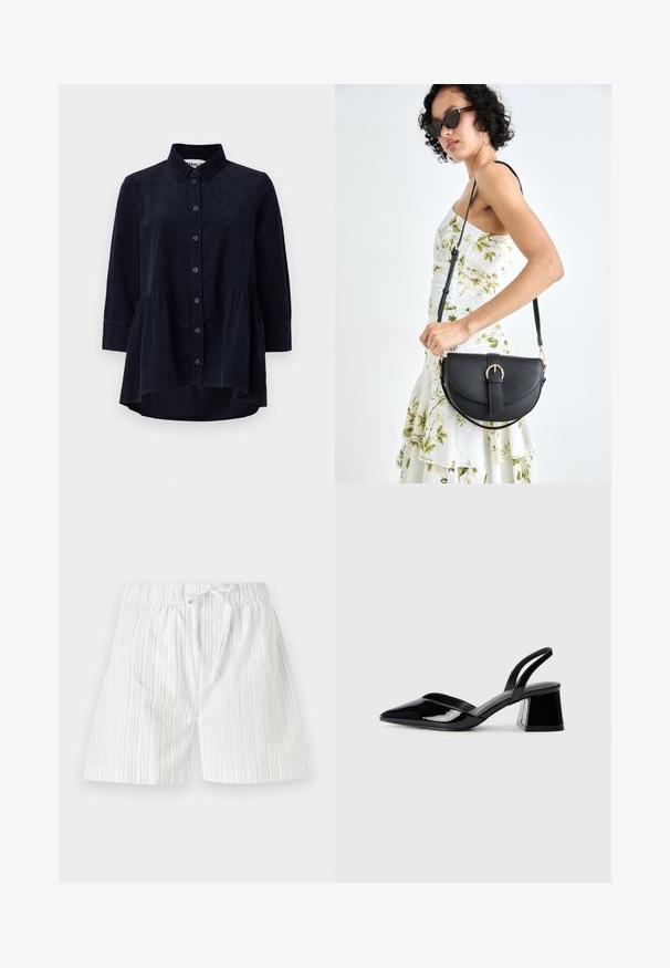 Camisa de pana azul marino con botón en la parte delantera, cuello y mangas tres cuartos. Presenta un dobladillo tipo peplum con fruncido y una textura suave.; Pantalones cortos de hombre hechos de tela ligera, con rayas verticales en azul claro y blanco, con cinturilla elástica y cordón.; Zapatos de tacón slingback de charol negro con punta afilada y tacón geométrico en bloque. Presentan un diseño elegante y minimalista, así como una textura suave.; Bolso de piel negra con forma curva, correa desmontable y herrajes dorados. El bolso cuenta con una solapa con un detalle de hebilla.