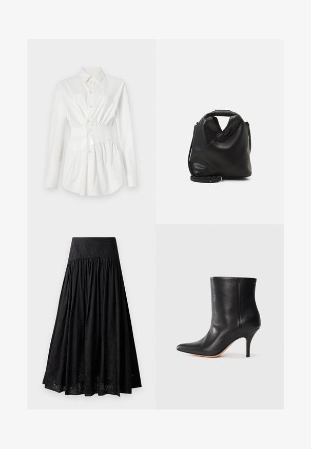 Biela košeľa na gombíky s dlhými rukávmi, priliehavým pásom a lesklým opaskom. Vyrobená z hladkej, ľahkej tkaniny.; Čierna maxi sukňa z bavlny s vyšívaným pásom. Obsahuje nabrúsenú látku a detaily s očkami pozdĺž spodného lemu.; Čierne kožené členkové topánky s špicatou špičkou, úzkym stiletto podpätkom a hladkou textúrou. Minimalistický dizajn bez viditeľných kovových prvkov alebo akcentov.; Čierna, mäkká kožená taška s jedinečným zavinutým dizajnom. Disponuje krátkym uškom a odnímateľným ramenným popruhom. Minimalistický štýl.