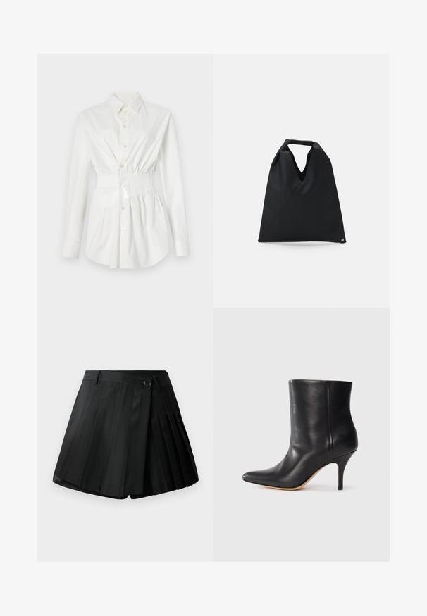 Camicia bianca con bottoni e maniche lunghe, dettaglio in vita aderente e un accento di cintura lucida. Realizzata in tessuto morbido e leggero.; Bermuda nera a pieghe con fronte piano, chiusura con bottone e tessuto leggero. Decorata con pieghe nette e orlo pulito.; Stivale alla caviglia in pelle nera con punta affilata, sottile tacco a stiletto e superficie liscia. Design minimalista senza hardware o accenti visibili.; MM6 Maison Margiela SMALL JAPANESE - Shopping bag - black