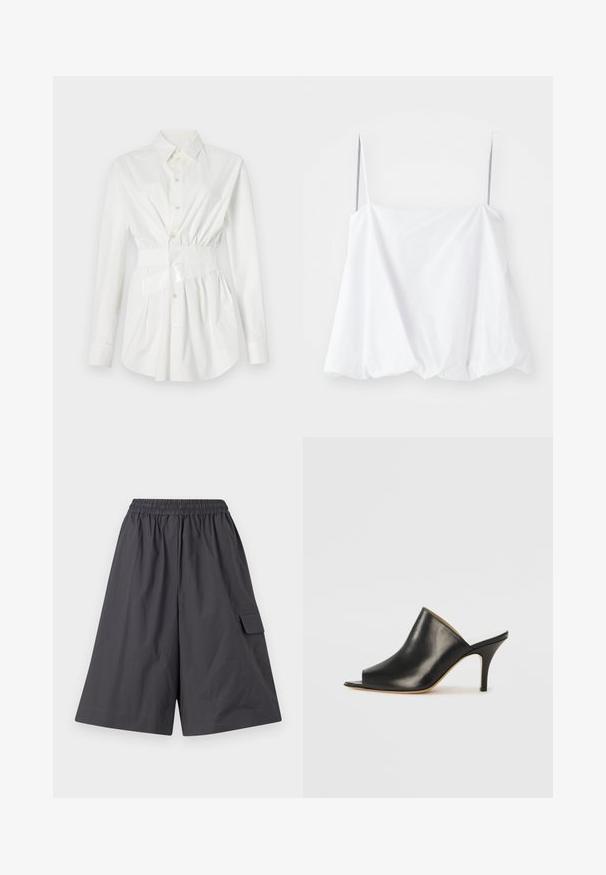 Balta marškiniai su ilgomis rankovėmis, prigludusi juosmens detalė ir blizganti diržo akcentas. Pagaminta iš lygaus, lengvo audinio.; Balta be rankovių palaidinė su plonais dirželiais, pagaminta iš lengvos medžiagos. Su laisvu siluetu ir susiraukšlėjusia tekstūra apačioje.; Tamsiai pilki šortai su elastinga juosma, lygiu priekiu ir šonine cargo kišene. Pagaminti iš lengvo audinio. Laisvas, platus kojų dizainas.; Juodas odinis atviras mules batelis su elegantišku, kreiviu dizainu, aukštu stiletto kulnu ir lygiu paviršiumi. Vidus turi kontrastingą šviesią spalvą.