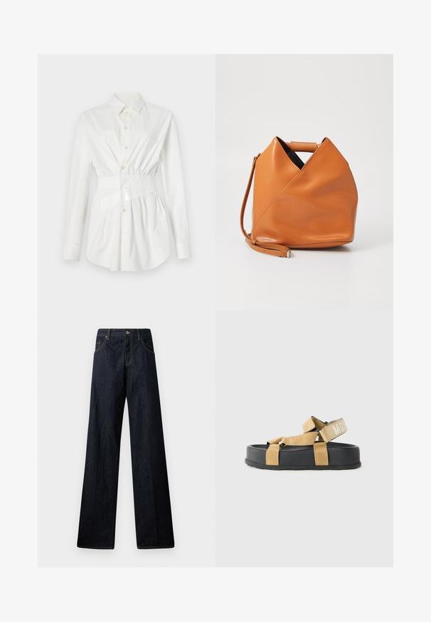 Balta marškiniai su ilgomis rankovėmis, prigludusi juosmens detalė ir blizganti diržo akcentas. Pagaminta iš lygaus, lengvo audinio.; Plati kojos tamsiai mėlyni džinsai su mygtukų uždarymu, priekinėmis kišenėmis, kontrastingais siūlais ir švaria, lygi tekstūra.; Šviesiai rudos zomšinės šlepetės su juodais guminiais padų, turinčios reguliuojamas dirželius ir žymėtą dirželį nugarinėje dalyje. Lygus dizainas su minimaliai paminkštinimu.; Tan spalvos odinė rankinė su unikaliu trikampio formos lankstymo dizainu, viršutine rankena ir nuimamu peties diržu ant balto fono.