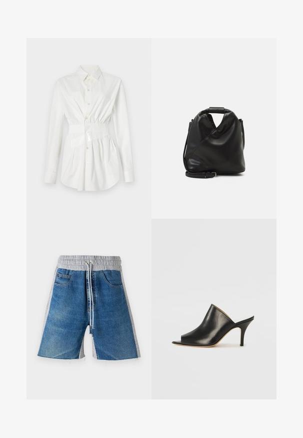 Chemise blanche à boutons avec manches longues, détail de taille cintrée et accent de ceinture brillante. Fabriquée en tissu lisse et léger.; Shorts en denim avec une taille élastique grise, dotés d'un cordon de serrage. Le design comprend des poches latérales et un aspect bicolore.; Mule ouverte en cuir noir avec un design élégant et courbé, un talon aiguille haut et une texture lisse. L'intérieur présente une couleur claire contrastante.; Sac en cuir noir et doux avec un design torsadé unique. Doté d'une courte poignée et d'une bandoulière amovible. Style minimaliste.